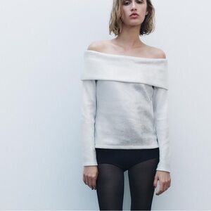Zara exposed shoulder metallic sweater silver foil